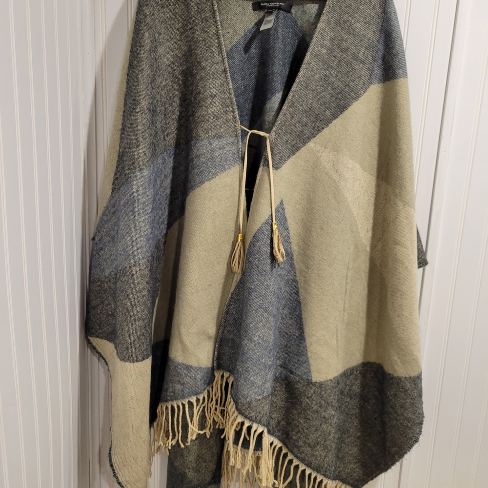 Marc New York Fringe Tie Front Shawl One Size Beige Grey Blue